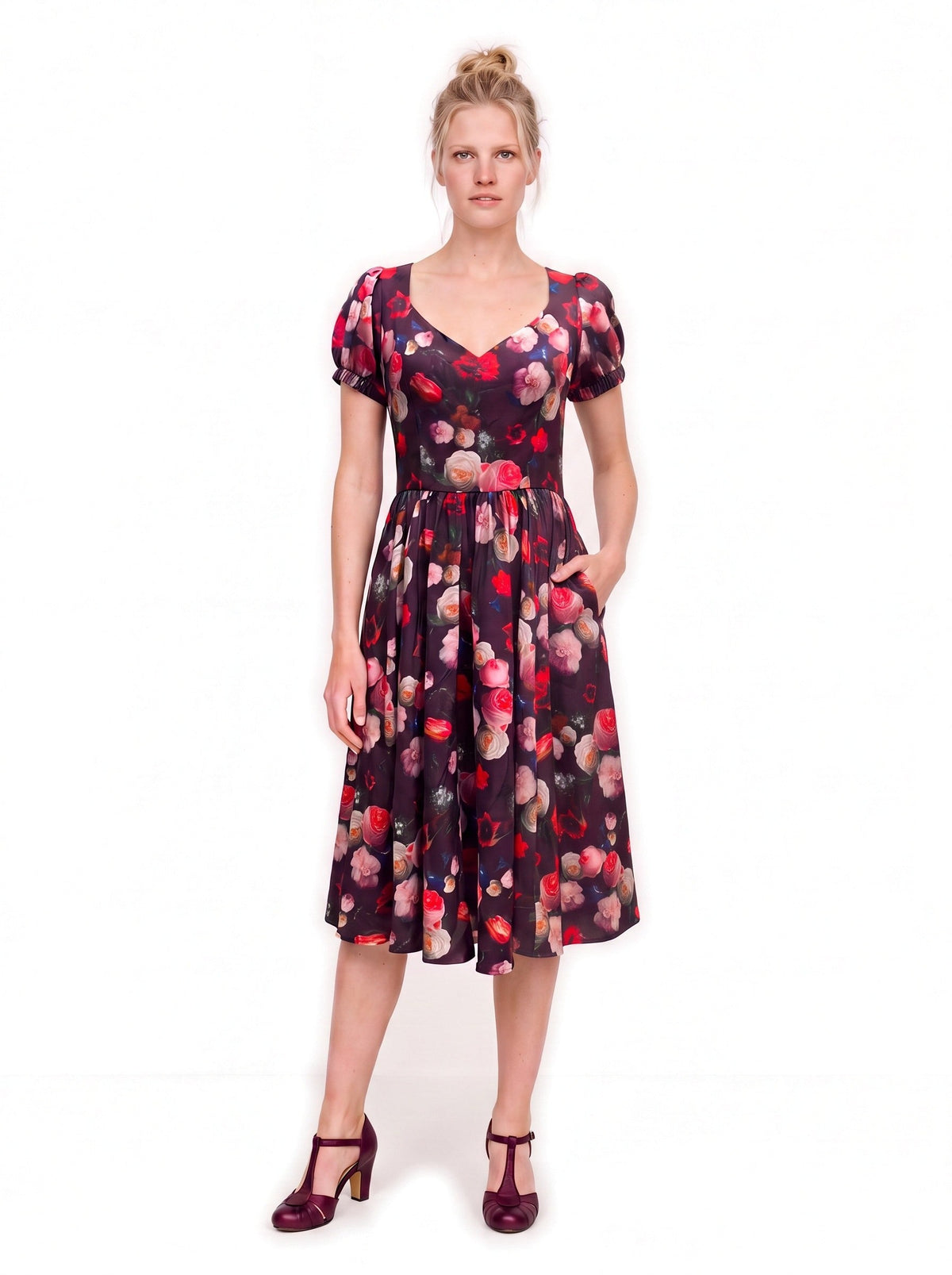 Burgundy Ambrosia Floral Lucrezia Day Dress with a hand in the deep in-seam pocket of the gathered circle skirt