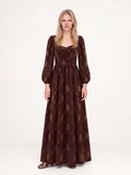 Lucrezia Renaissance Maxi Gown in Brown Grand Trianon, gold palmette print on chocolate brown with a sweetheart neckline and bishop sleeves, front view, Pinup Girl Clothing, XS to 5X