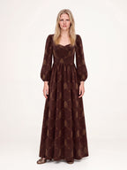 Lucrezia Renaissance Maxi Gown in Brown Grand Trianon, gold palmette print on chocolate brown with a sweetheart neckline and bishop sleeves, front view, Pinup Girl Clothing, XS to 5X