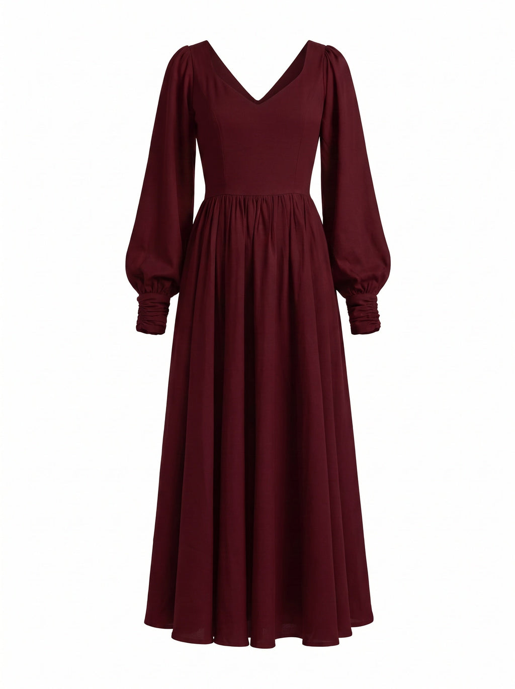 Lucrezia renaissance maxi gown in burgundy shown on its own, front view of the deep wine-red bodice, sweetheart neckline, gathered bishop sleeve cuffs and full circle skirt