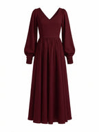 Lucrezia renaissance maxi gown in burgundy shown on its own, front view of the deep wine-red bodice, sweetheart neckline, gathered bishop sleeve cuffs and full circle skirt