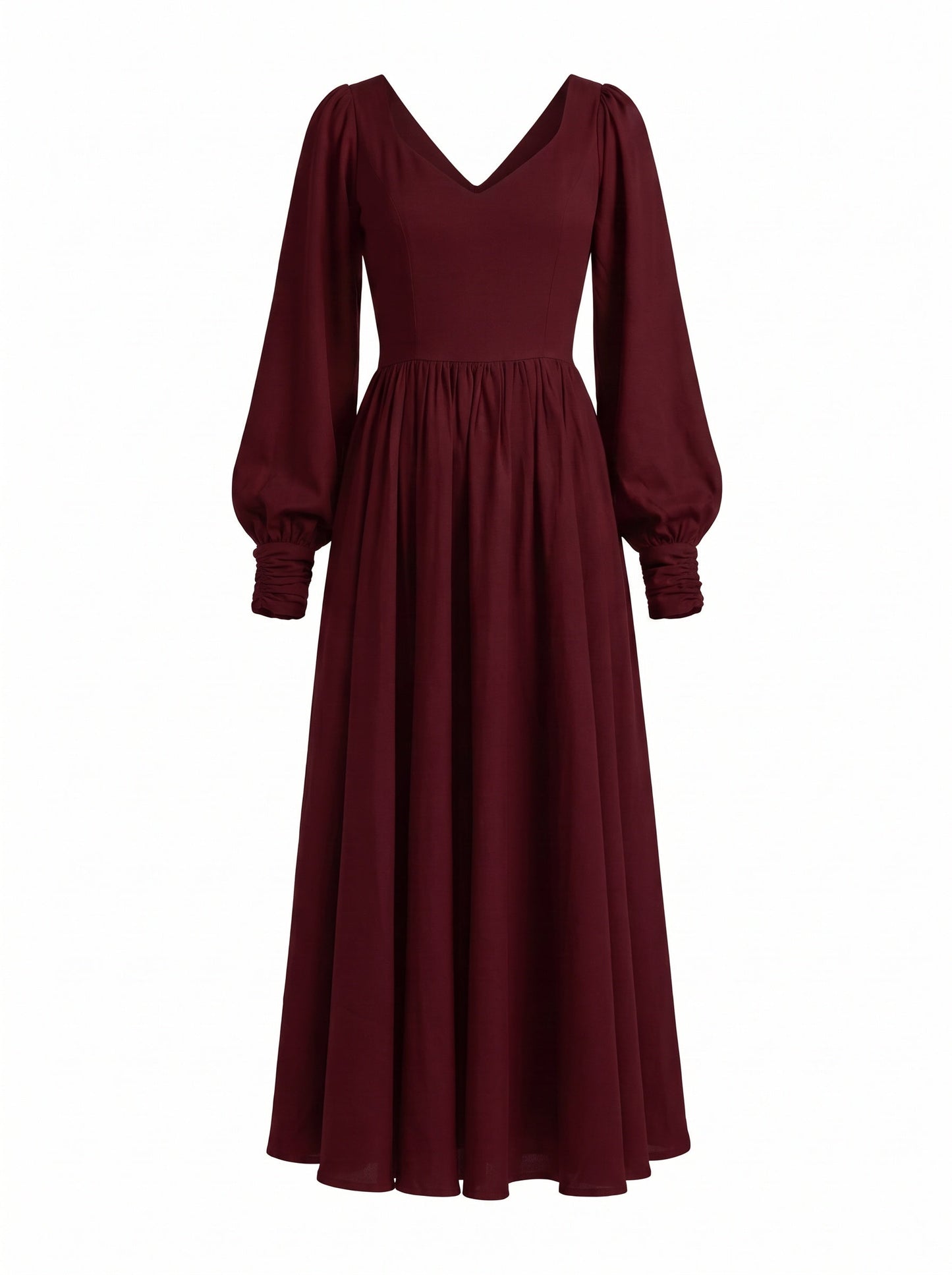 Lucrezia renaissance maxi gown in burgundy shown on its own, front view of the deep wine-red bodice, sweetheart neckline, gathered bishop sleeve cuffs and full circle skirt