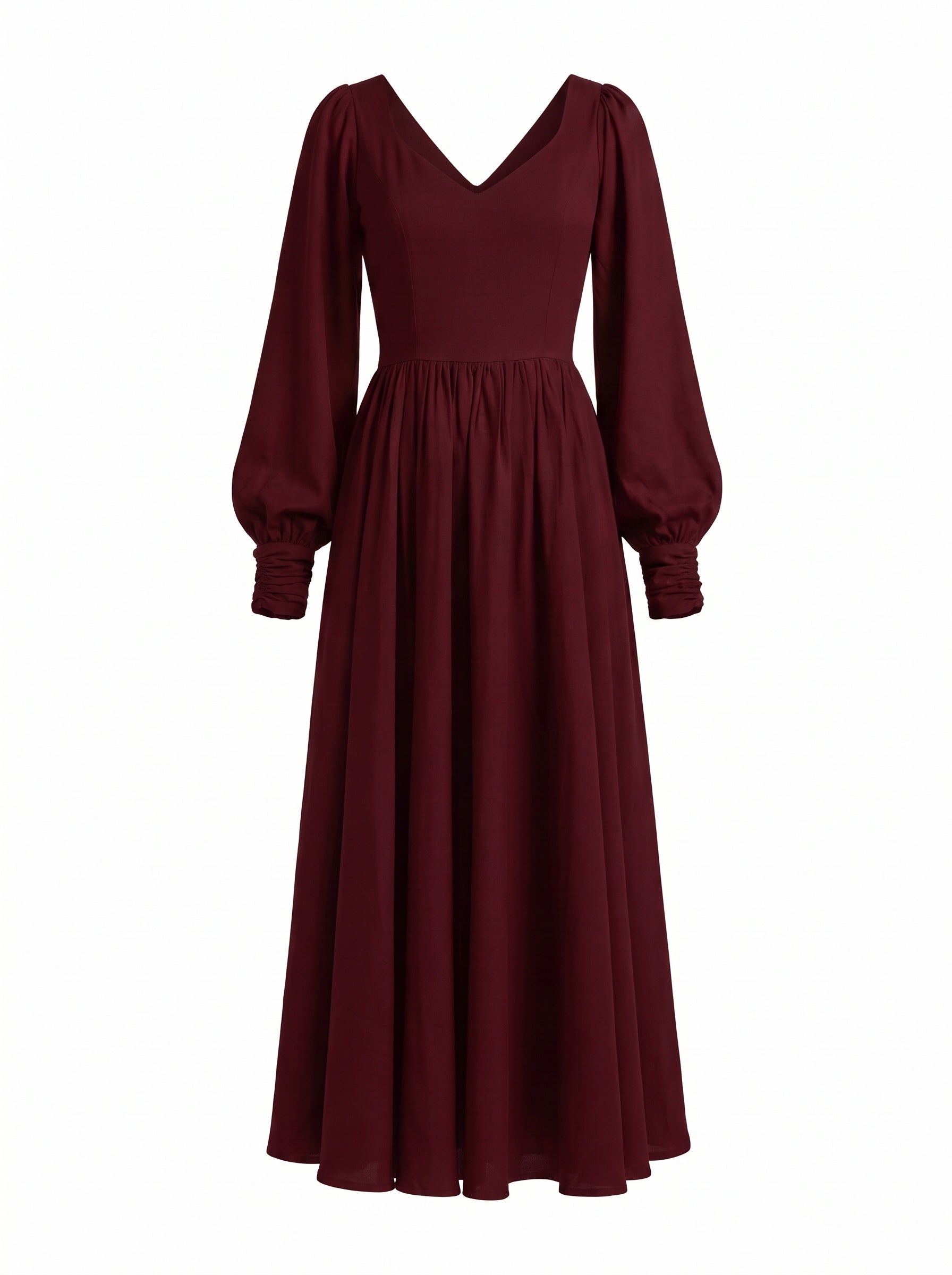 Lucrezia renaissance maxi gown in burgundy shown on its own, front view of the deep wine-red bodice, sweetheart neckline, gathered bishop sleeve cuffs and full circle skirt