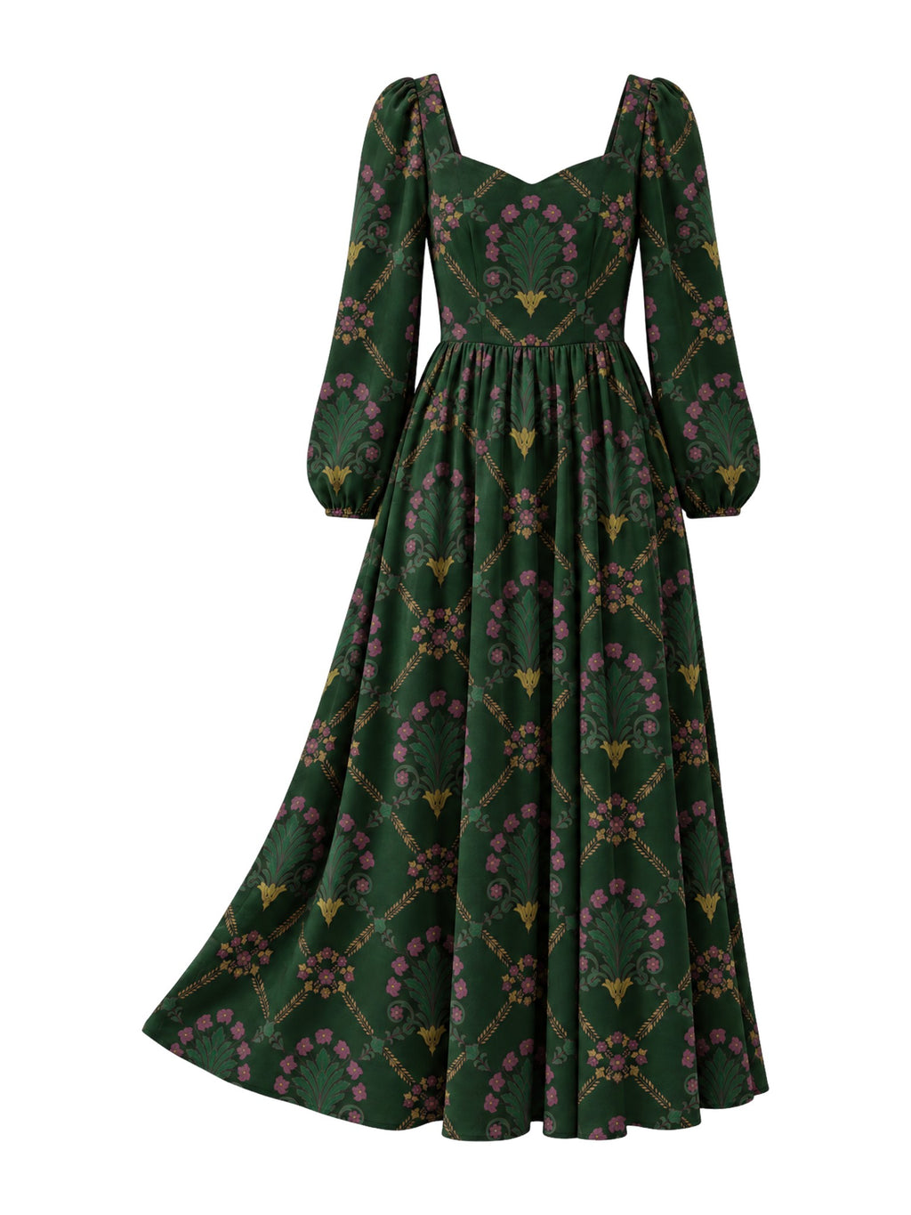 Lucrezia Renaissance Maxi Gown in Dark Green Grand Trianon, ghost mannequin front view of the green, pink and gold print with bishop sleeves