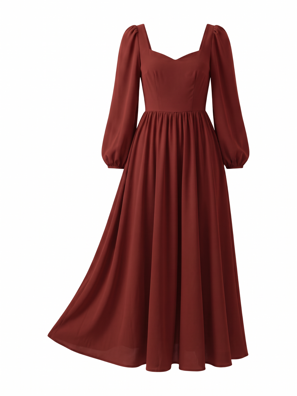 Lucrezia Renaissance Maxi Gown in Merlot on a ghost mannequin, front view, showing the sweetheart neckline, bishop sleeves and full circle skirt