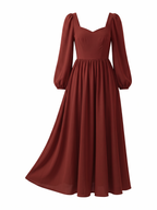 Lucrezia Renaissance Maxi Gown in Merlot on a ghost mannequin, front view, showing the sweetheart neckline, bishop sleeves and full circle skirt