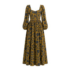 Lucrezia renaissance maxi gown in ochre Capri Floral on an invisible mannequin, sweetheart neckline, bishop sleeves and gathered circle skirt