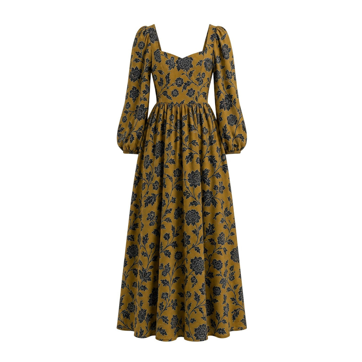 Lucrezia renaissance maxi gown in ochre Capri Floral on an invisible mannequin, sweetheart neckline, bishop sleeves and gathered circle skirt