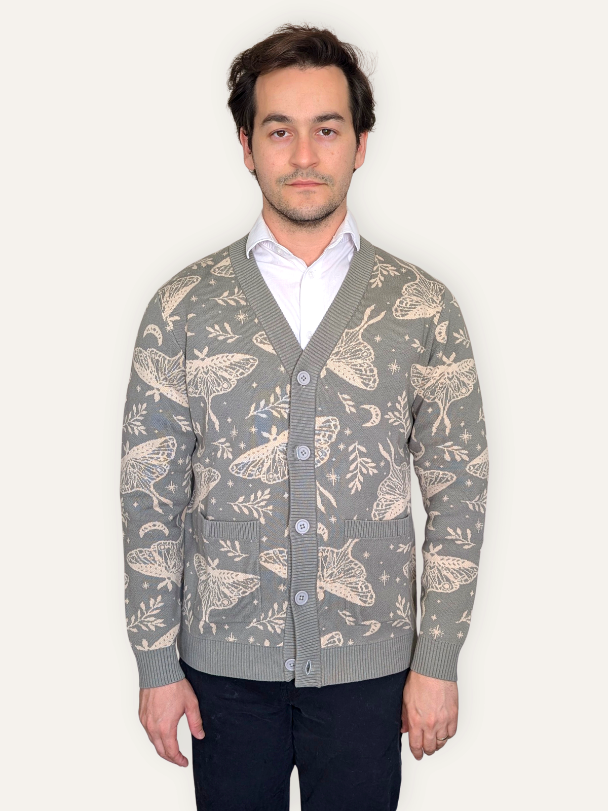 Front view of the Luna Moth Cardigan buttoned up over a white shirt