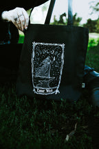 Lunar Witch Tote Bag, black organic cotton tote with white moon witch art