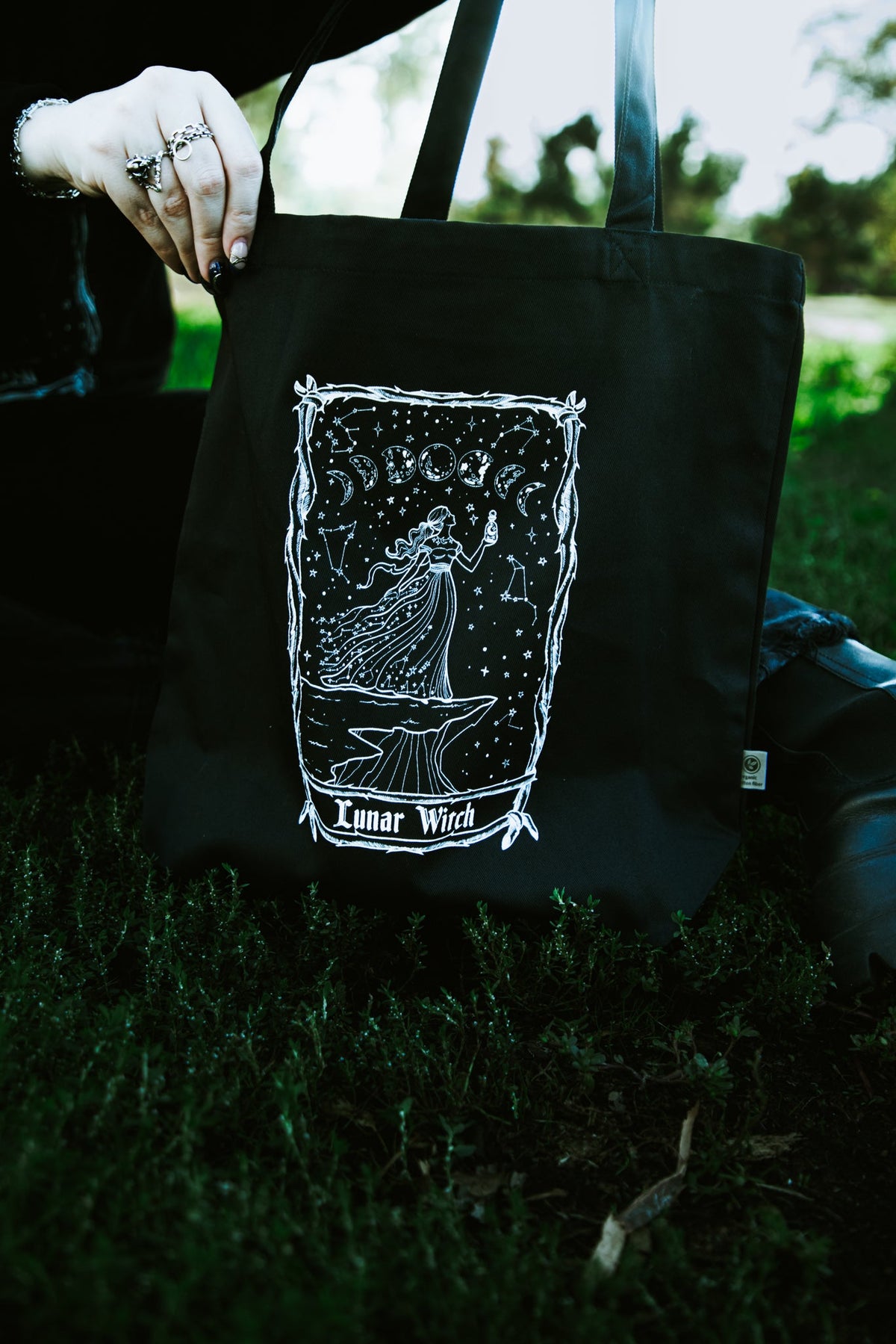 Lunar Witch Tote Bag, black organic cotton tote with white moon witch art