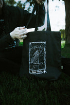 Lunar Witch Tote Bag, black organic cotton tote with white moon witch art