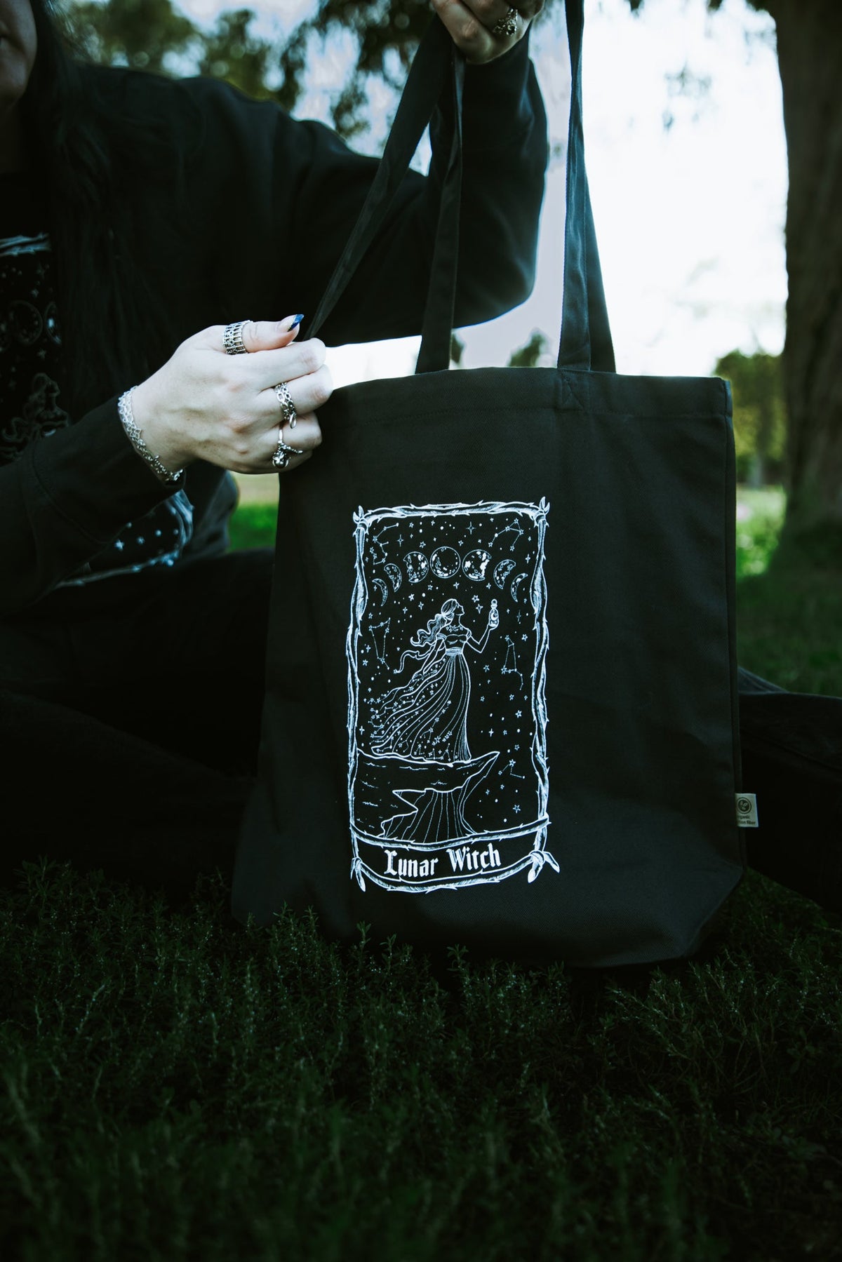 Lunar Witch Tote Bag, black organic cotton tote with white moon witch art