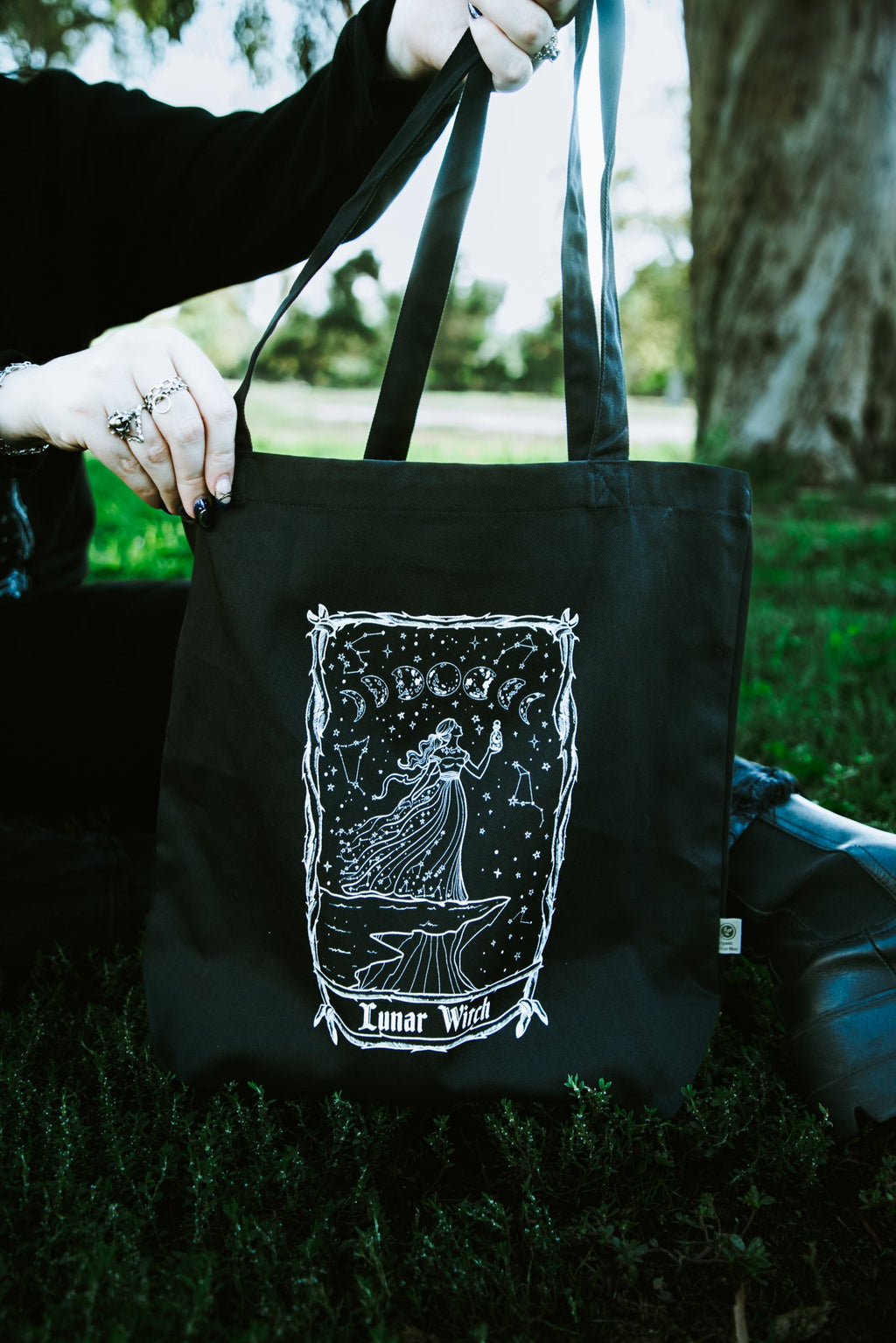 Lunar Witch Tote Bag, black organic cotton tote with white moon witch art