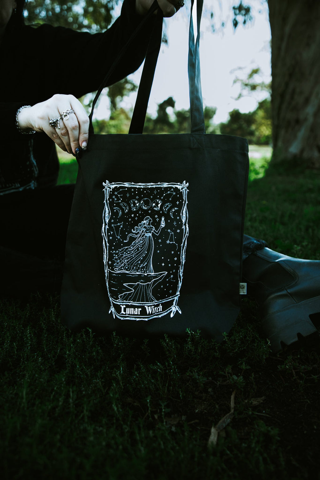 Lunar Witch Tote Bag, black organic cotton tote with white moon witch art