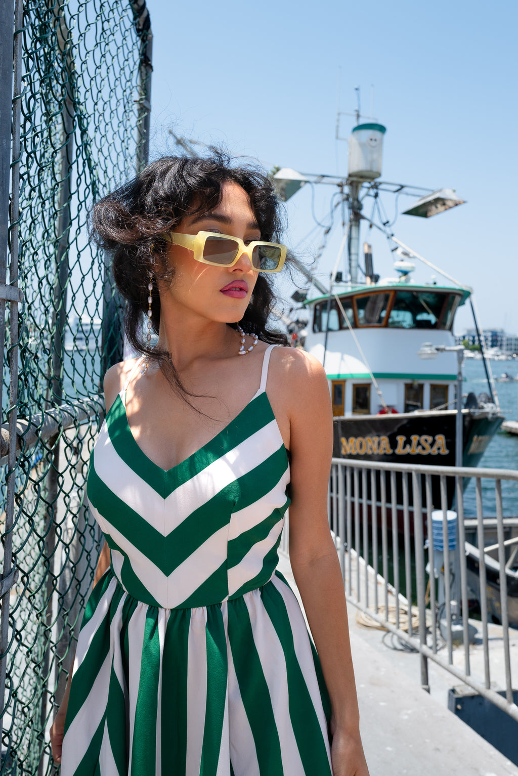 Amalie Ballerina 70's Style Swing Dress in Green & White Mark Stripe Crepe