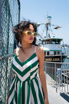 Amalie Ballerina 70's Style Swing Dress in Green & White Mark Stripe Crepe