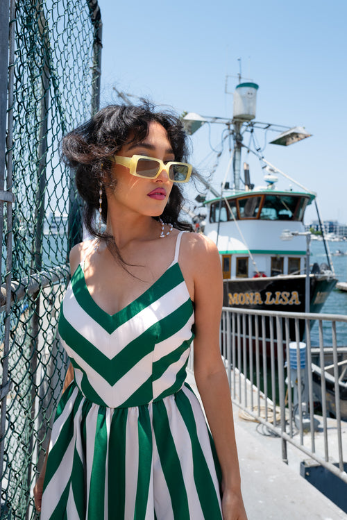 Amalie Ballerina 70's Style Swing Dress in Green & White Mark Stripe Crepe