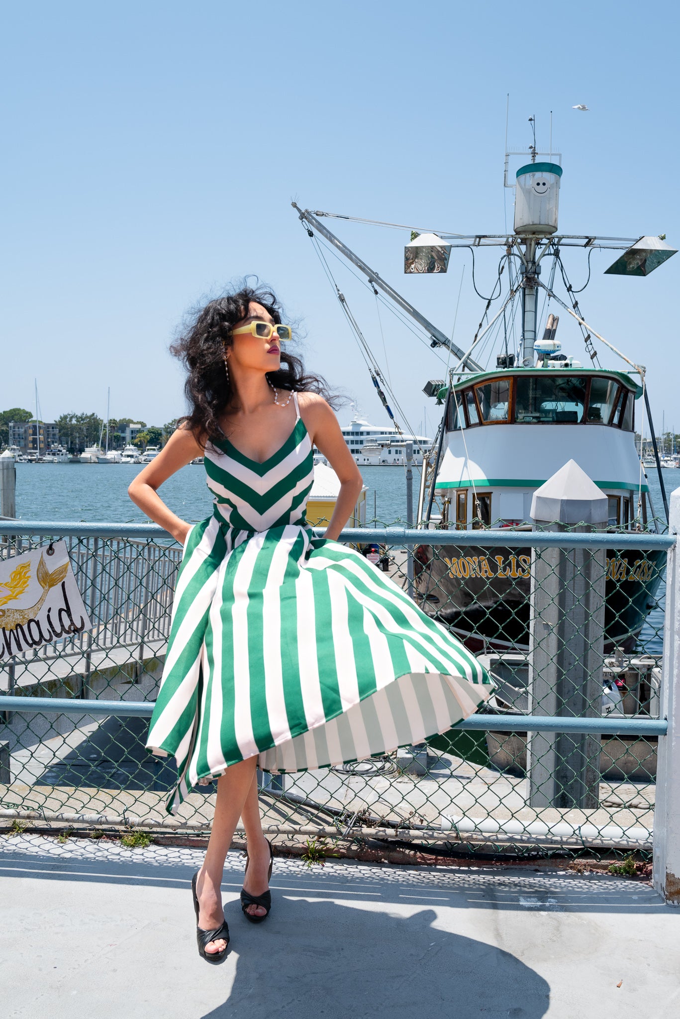 COMING SOON - Amalie Ballerina 70's Style Swing Dress in Green & White Mark Stripe Crepe | Pinup Couture