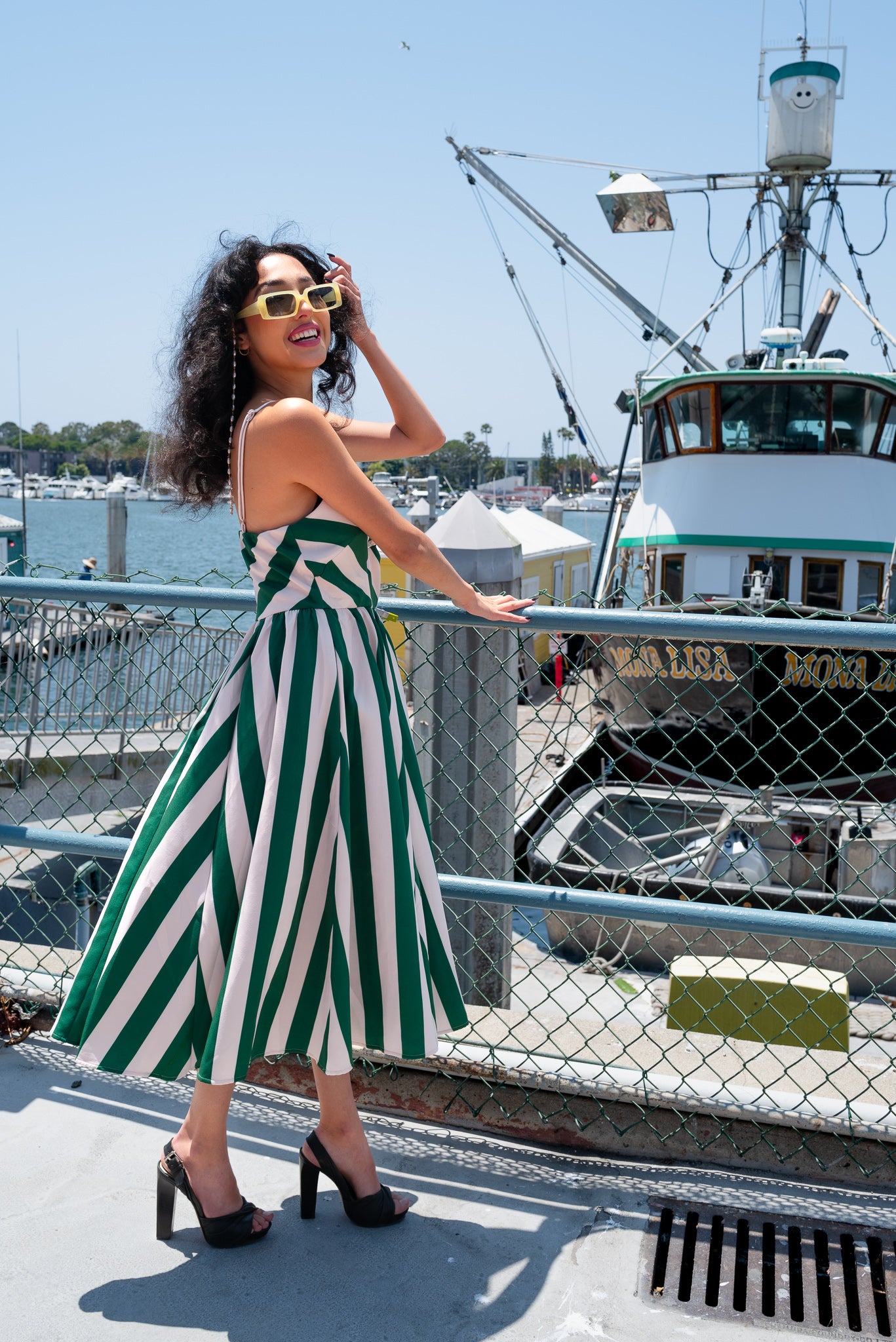 COMING SOON - Amalie Ballerina 70's Style Swing Dress in Green & White Mark Stripe Crepe | Pinup Couture