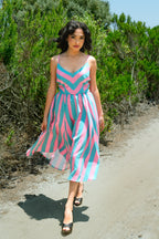 Amalie Ballerina 70's Style Swing Dress in Kenergy Mark Stripe Crepe