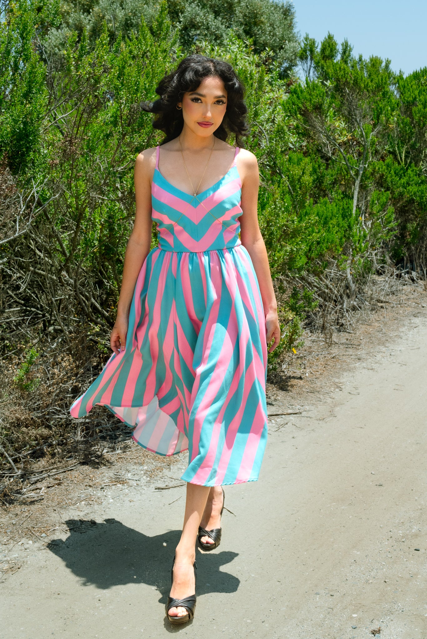 Amalie Ballerina 70's Style Swing Dress in Kenergy Mark Stripe Crepe | Pinup Couture - PREORDER
