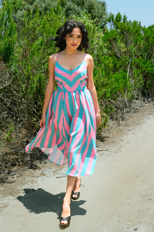 Amalie Ballerina 70's Style Swing Dress in Kenergy Mark Stripe Crepe