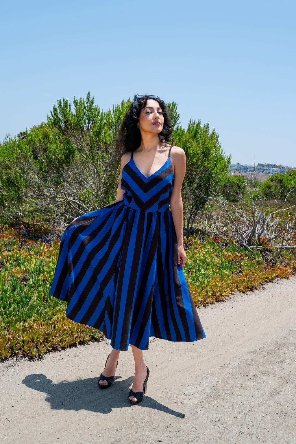 Amalie Ballerina 70's Style Swing Dress in Nevermore Mark Stripe Crepe