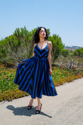 Amalie Ballerina 70's Style Swing Dress in Nevermore Mark Stripe Crepe
