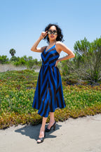 Amalie Ballerina 70's Style Swing Dress in Nevermore Mark Stripe Crepe