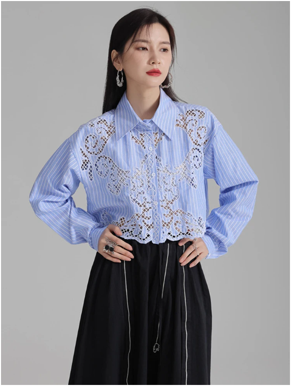 Sherrm Doiley Crop Button Up in Blue Pinstripe | Marigold Shadows