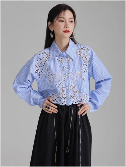 Sherrm Doiley Crop Button Up in Blue Pinstripe | Marigold Shadows