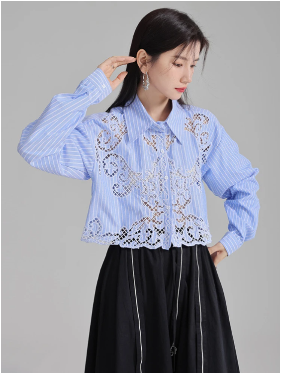 Sherrm Doiley Crop Button Up in Blue Pinstripe | Marigold Shadows