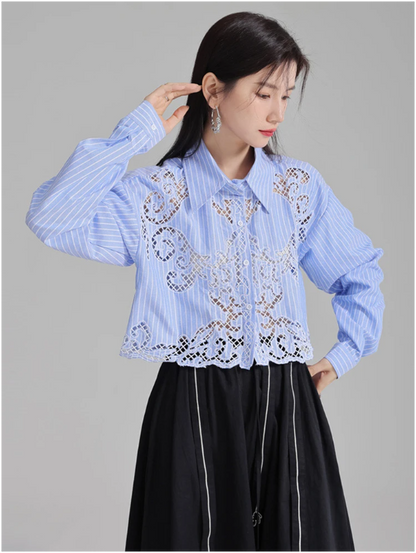 Sherrm Doiley Crop Button Up in Blue Pinstripe | Marigold Shadows