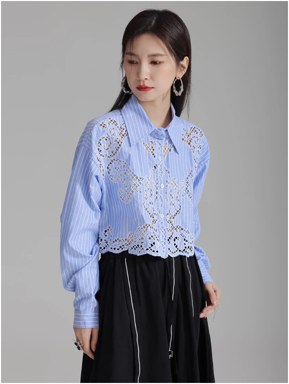 Sherrm Doiley Crop Button Up in Blue Pinstripe | Marigold Shadows