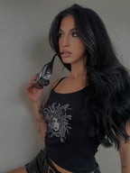 Medusa Graphic Tank, a fitted black tank with a Medusa print