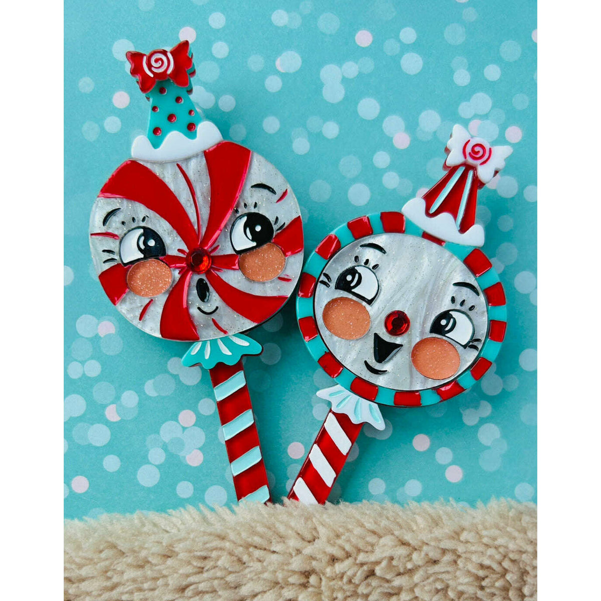 Merrymints Brooch Set, two Christmas peppermint candy brooches (view 2)