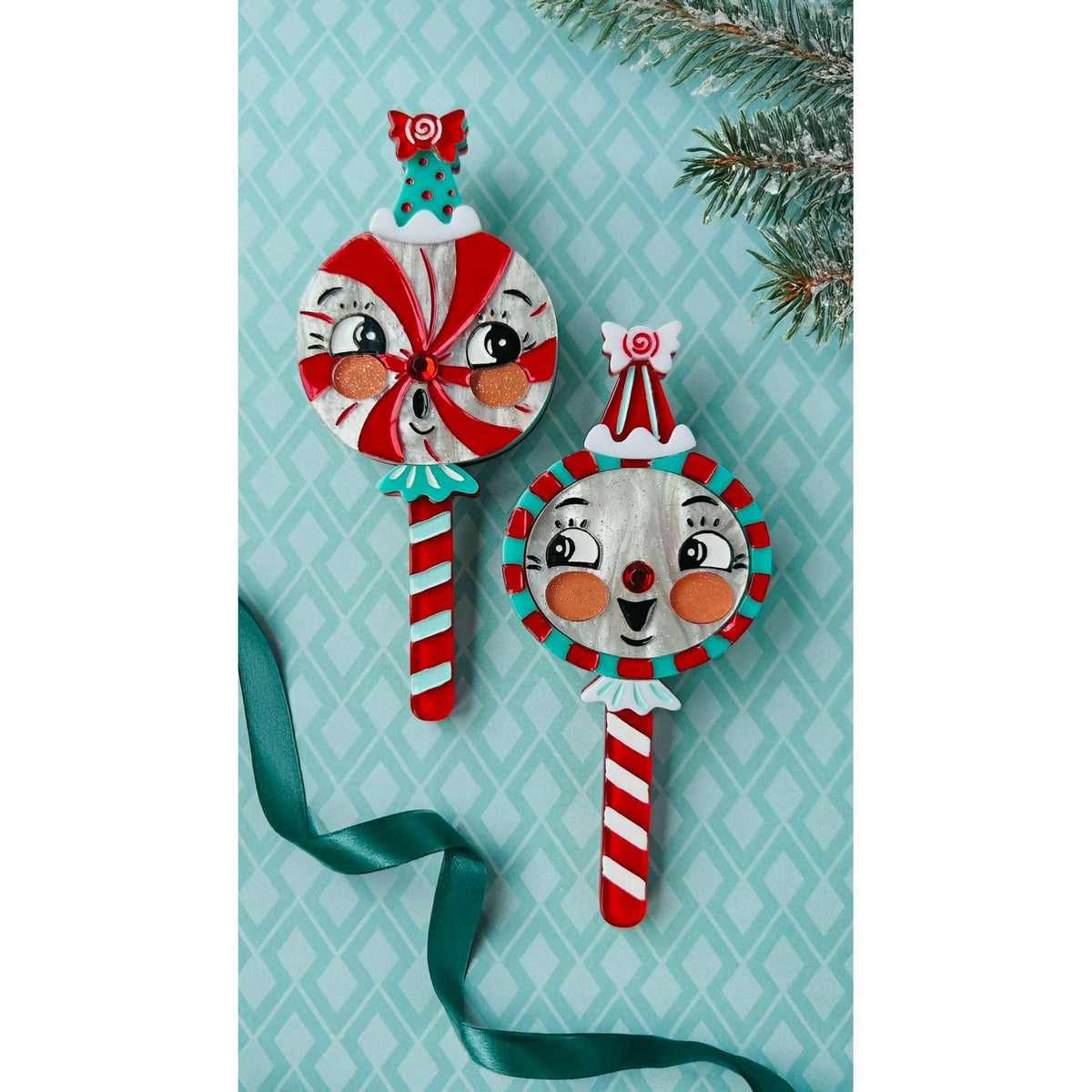 Merrymints Brooch Set, two Christmas peppermint candy brooches (view 4)