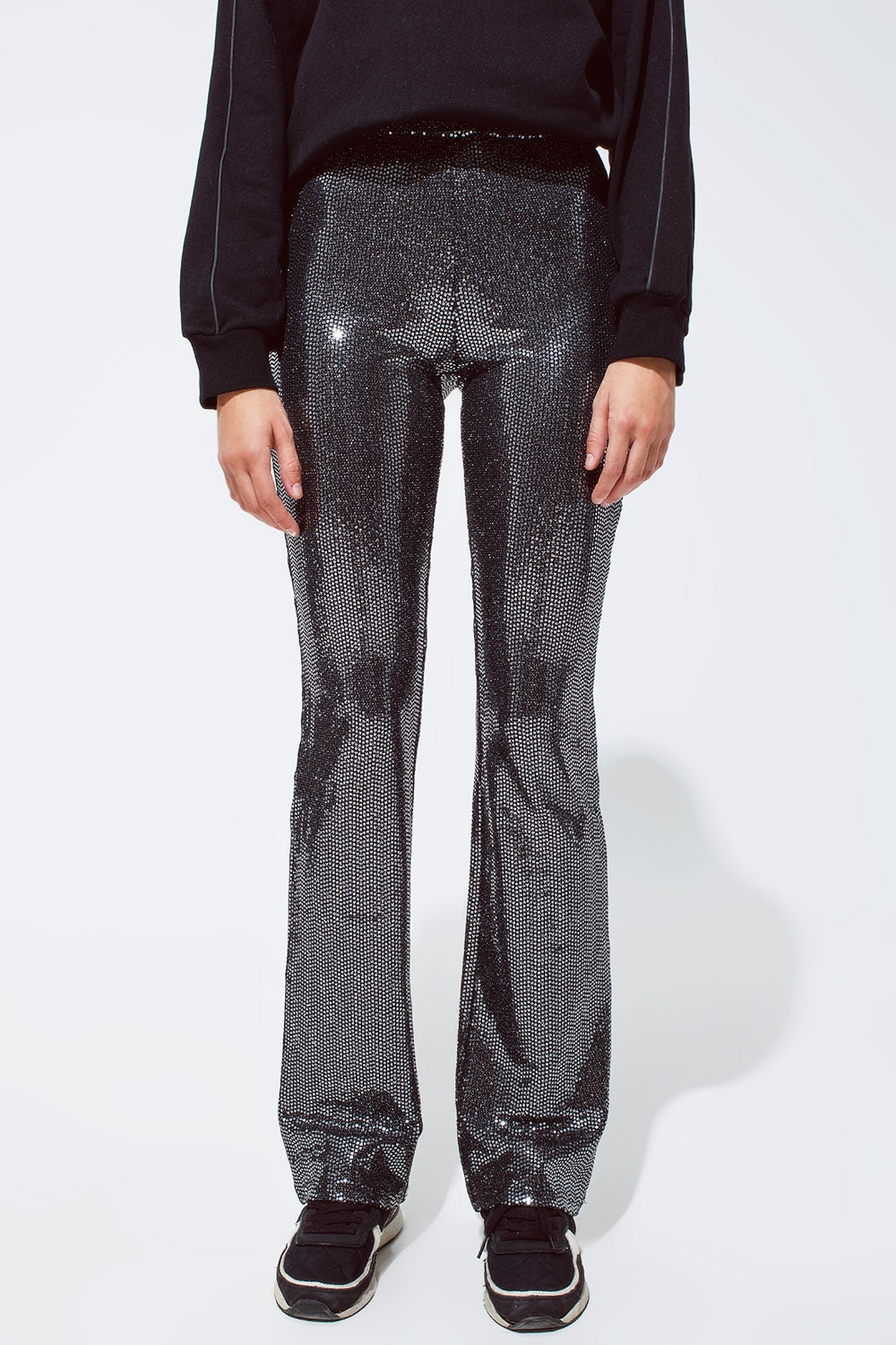 Metallic Fabric Flare Leggings in Silver