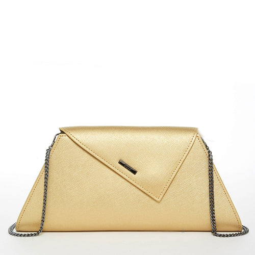 Angelica metallic gold leather clutch with a diagonal flap by Pinup Girl Clothing