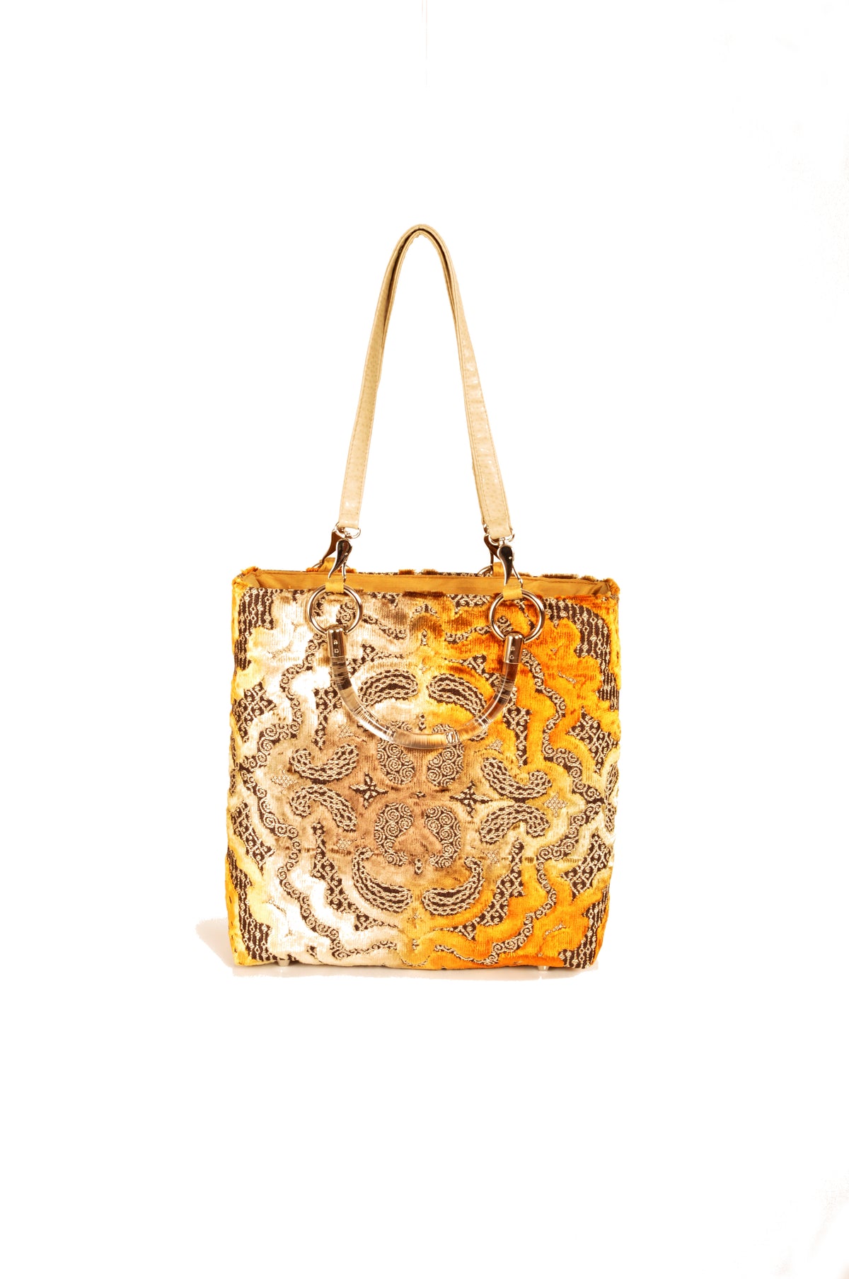 Baroque gold cut velvet small tote with Lucite handles by Pinup Girl Clothing