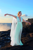 Bombshell Plunge Maxi Gown in Aqua Mint with Sheer Mesh Sleeves | Gothic Glamour