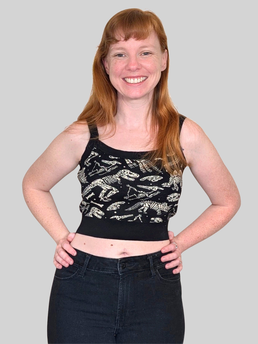 Dinosaur Fossil Crop Top, black with white dinosaur fossil print (view 2)