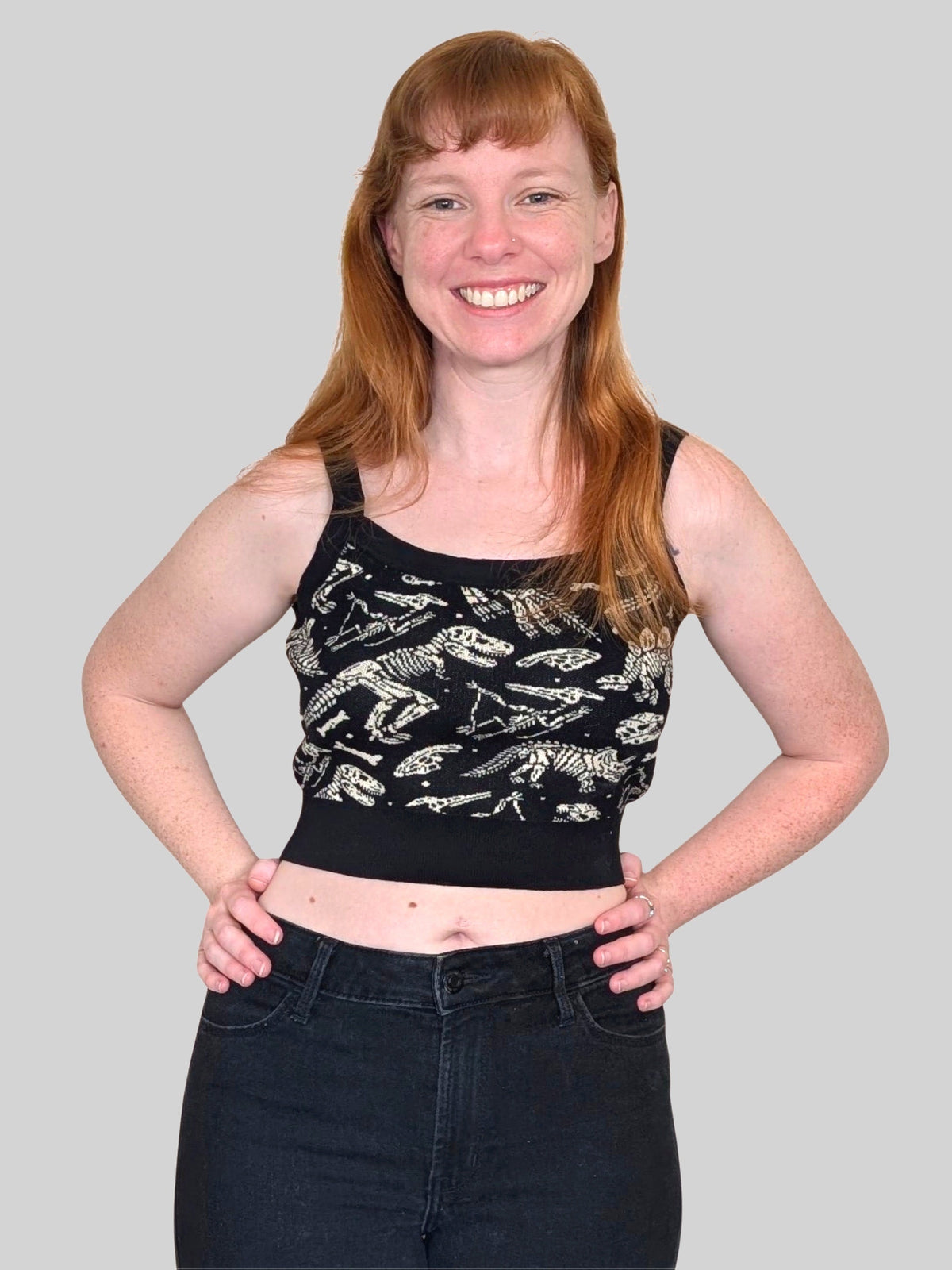 Dinosaur Fossil Crop Top, black with white dinosaur fossil print (view 2)