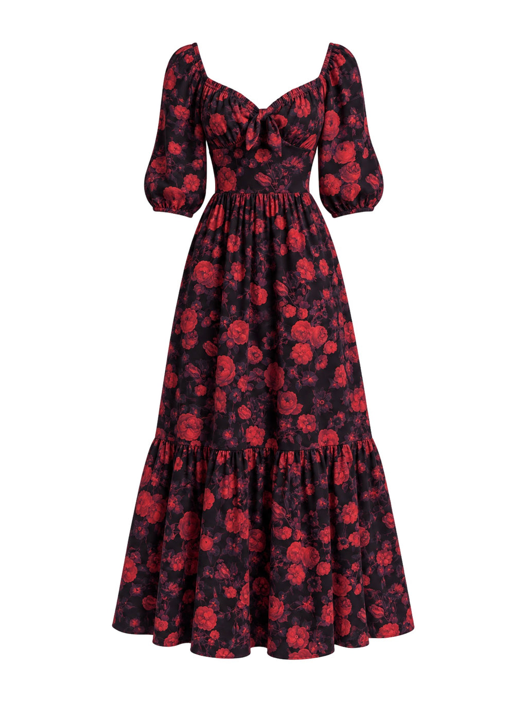 Molly 70s Maxi Gown in Black and Red Ambrosia Floral, ghost mannequin front view showing red roses on black, puff sleeves and a tiered skirt