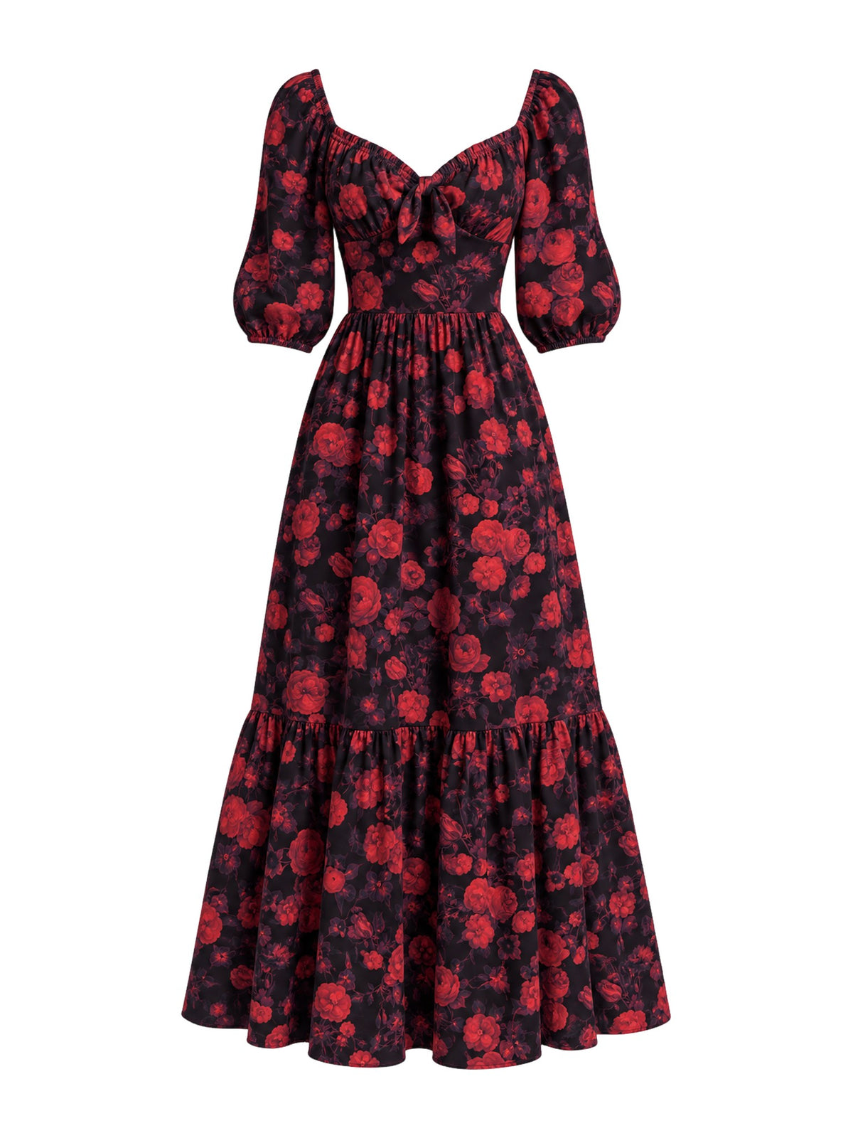 Molly 70s Maxi Gown in Black and Red Ambrosia Floral, ghost mannequin front view showing red roses on black, puff sleeves and a tiered skirt