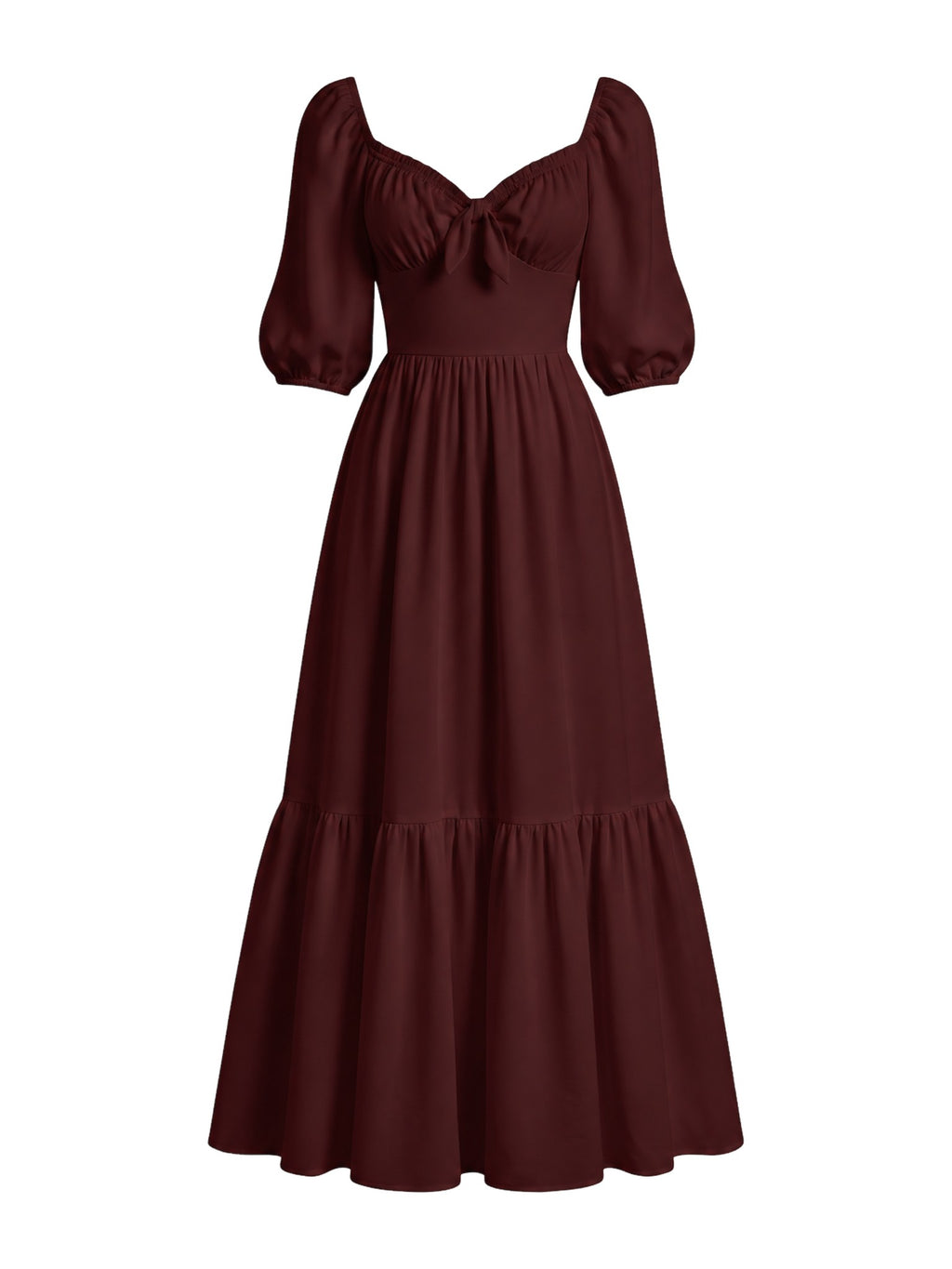 Molly 70s Maxi Gown in Burgundy, ghost mannequin front view showing the gathered sweetheart bodice, 3/4 puff sleeves and tiered skirt