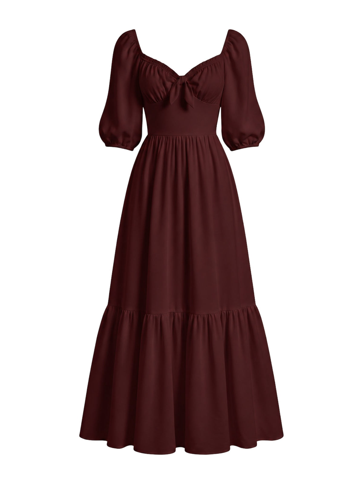Molly 70s Maxi Gown in Burgundy, ghost mannequin front view showing the gathered sweetheart bodice, 3/4 puff sleeves and tiered skirt