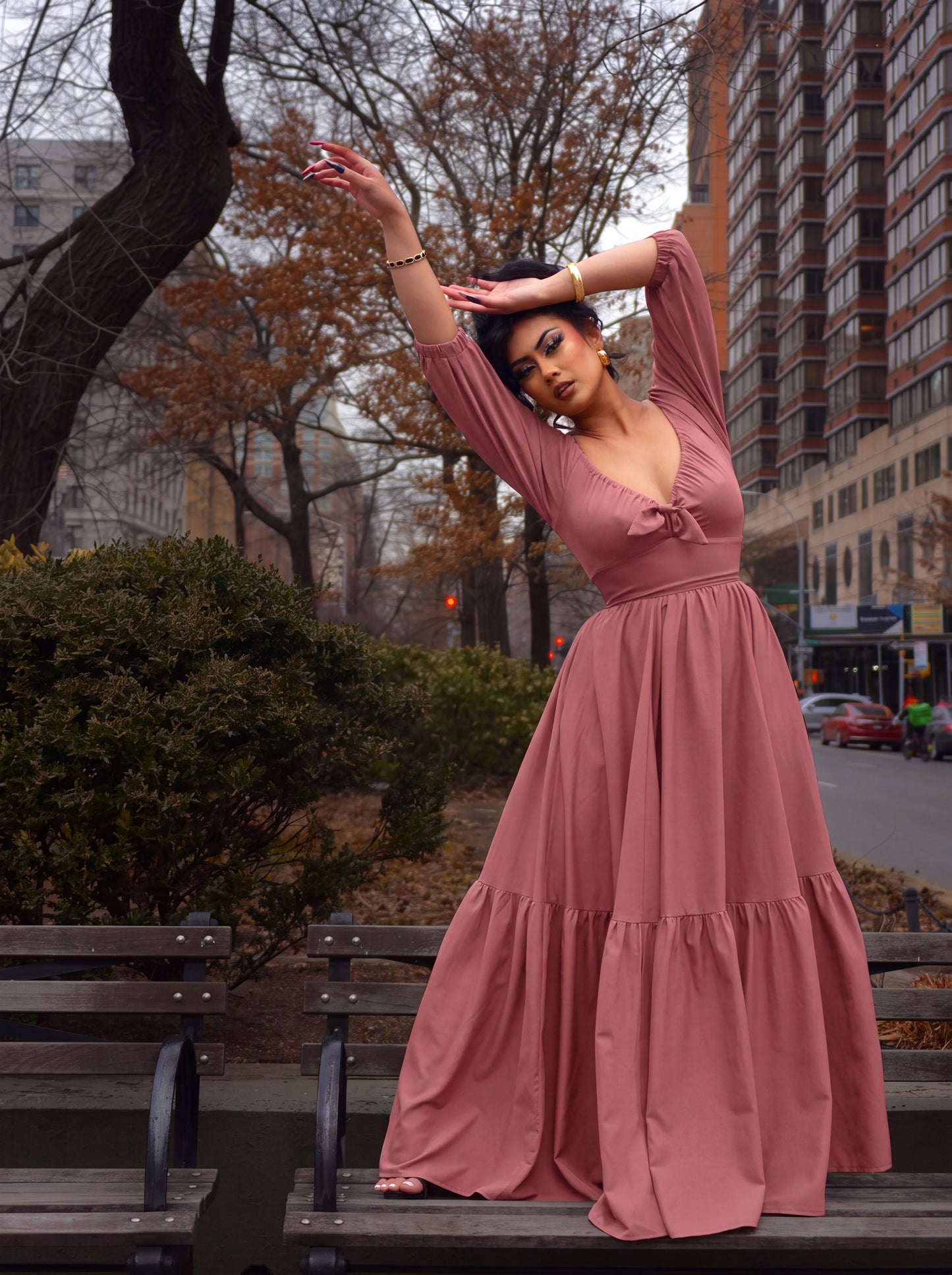 Molly Cottage 70s Maxi Gown in Mulberry Pink