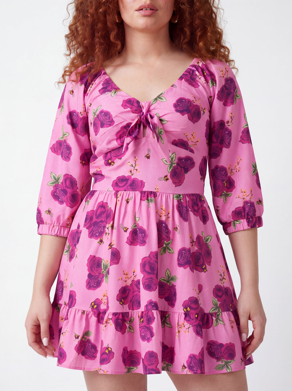 Pink Spring Bee floral print detail on the Molly Mini dress by Pinup Girl Clothing.
